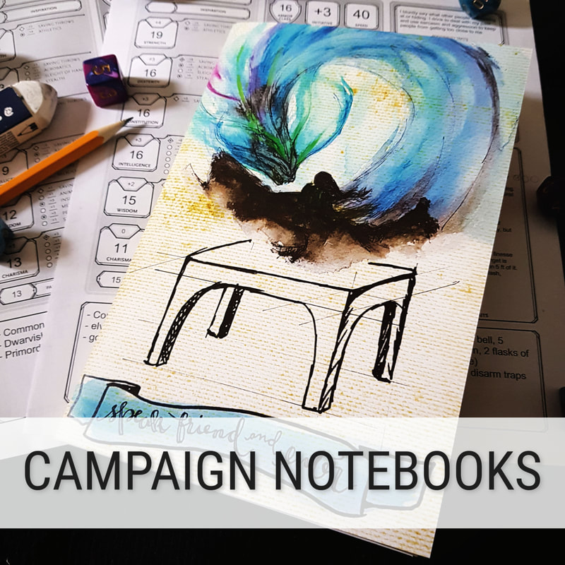 Image of the speak friend and enter notebook with a blue watercolour dragon facing off against a long-haired person