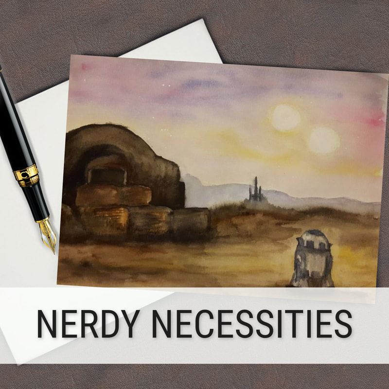 Link to nerdy necessities showing watercolour painting on a notecard of R2D2 on Tattooine